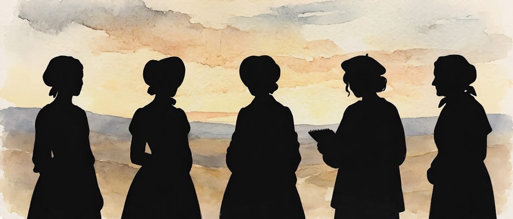 Viisi naista eri aikakausilta siluetteina ajattomassa maisemassa.
